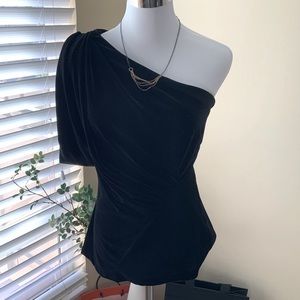 EVA FRANCO Single shoulder cascade drape velour-like sexy black evening top